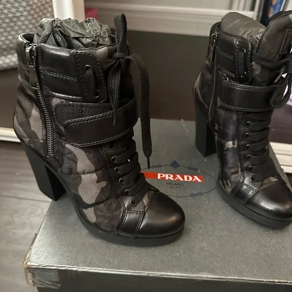 Prada Black Gray Camouflage Lace-Up Boots PRADA Camouflage Boots for Women for sale | eBay main image 3